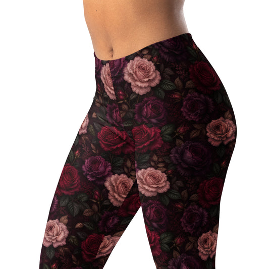 Moody rose garden leggings with oversized roses on dark background