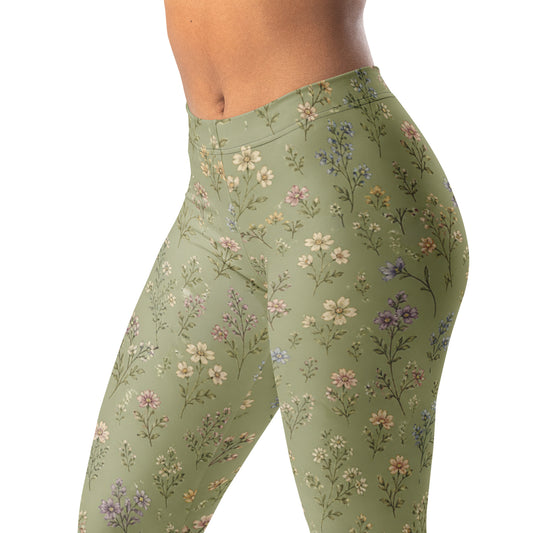 Vintage wildflower field leggings on dusty sage