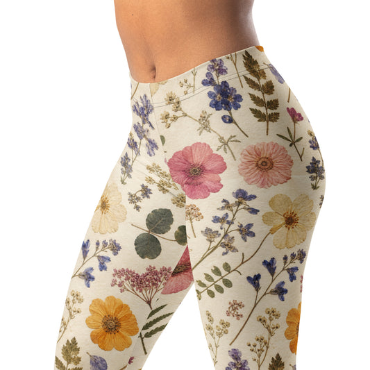 Pressed flower collage leggings with scrapbook design
