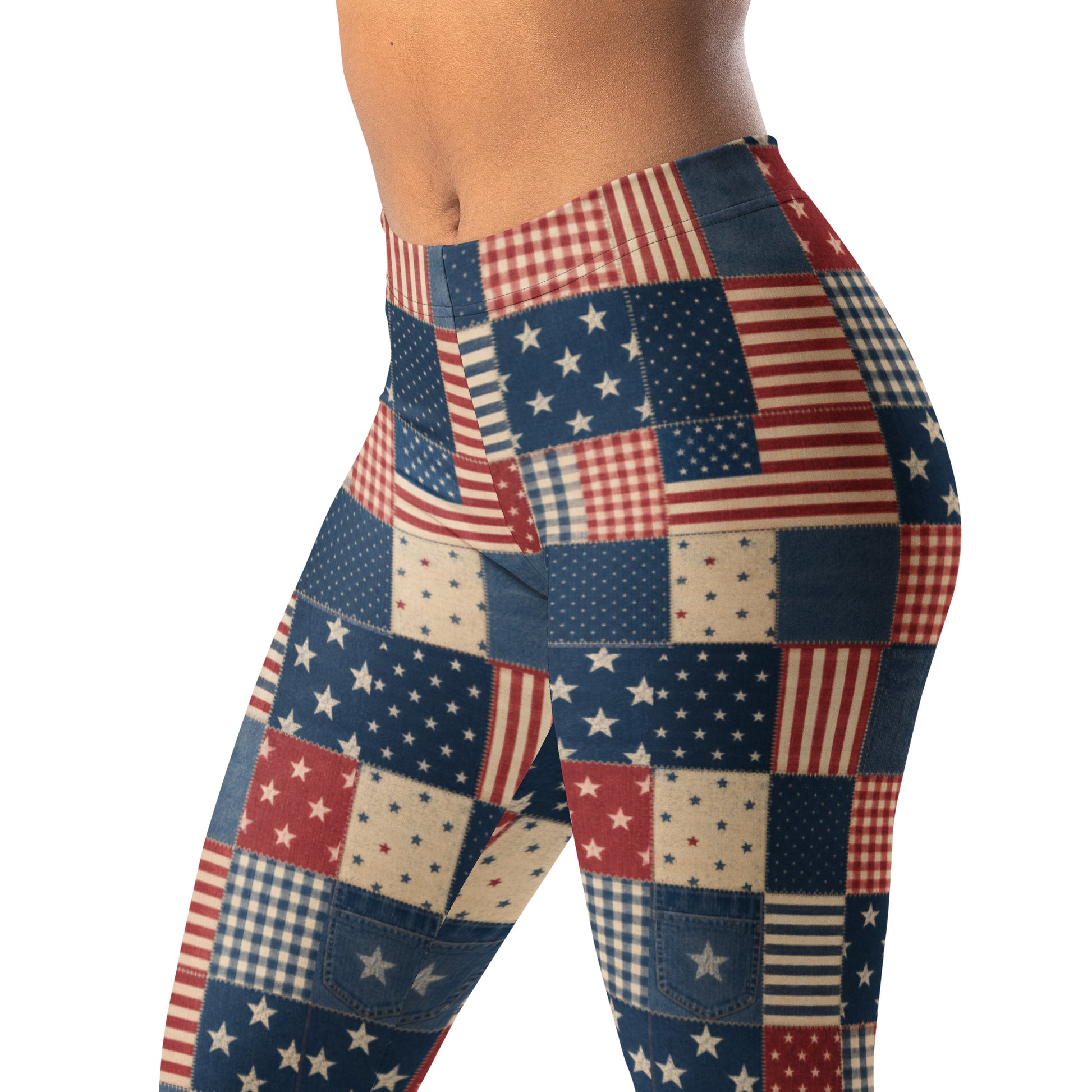 July 4th Celebration Patchwork Leggings with Stars and Stripes Design