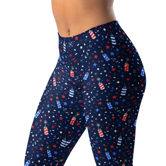 July 4th celebration leggings with firecracker confetti design