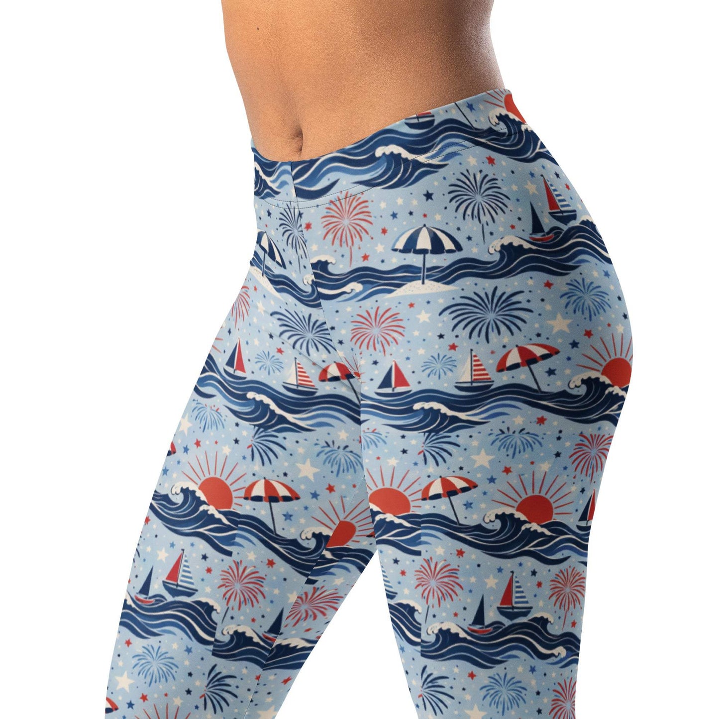 Coastal Fourth of July leggings with patriotic and beach-inspired design