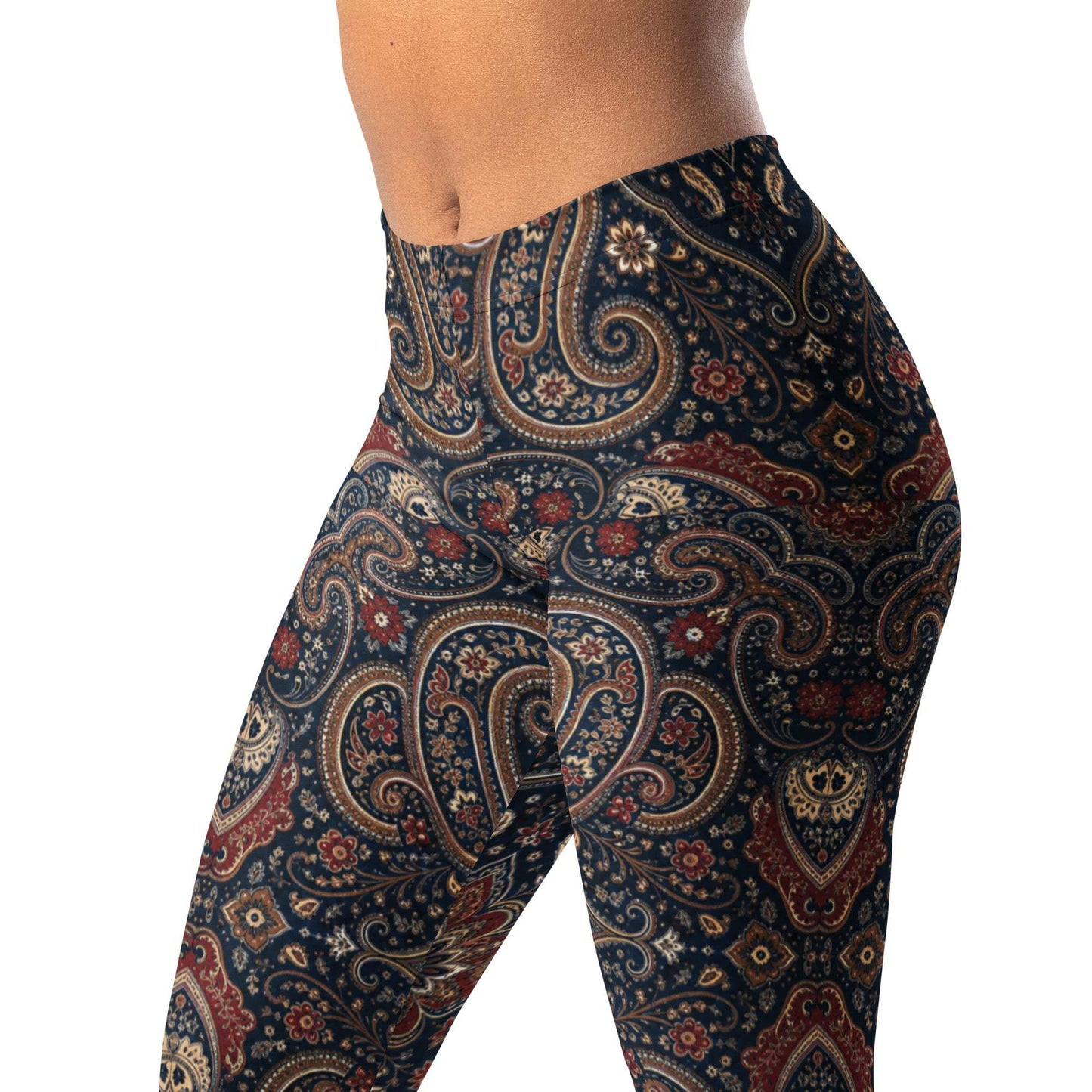 Bandana paisley leggings in navy, red, and brown