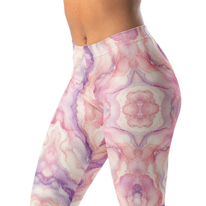 Watercolor marble leggings with soft swirls in blush, lavender, and cream