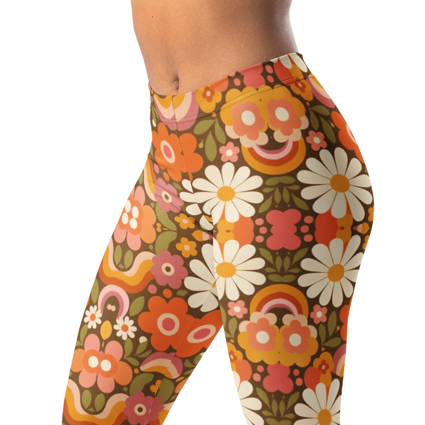 Groovy 70s floral leggings with big daisies and rounded shapes