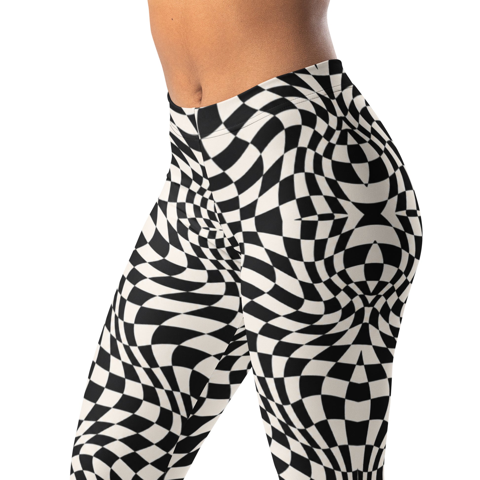 Distorted checkerboard leggings with warped optical print