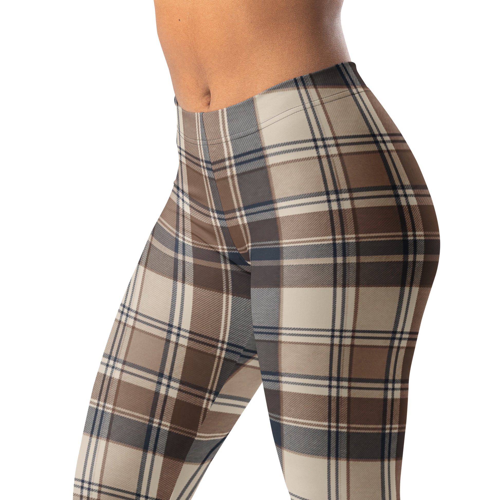 Preppy plaid leggings in soft brown and navy with four-way stretch