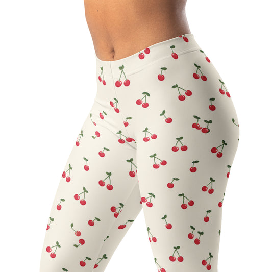 Cherry print leggings with tiny cherries on cream background