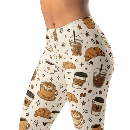 Coffee shop doodle leggings with cups, croissants, stars, and icons
