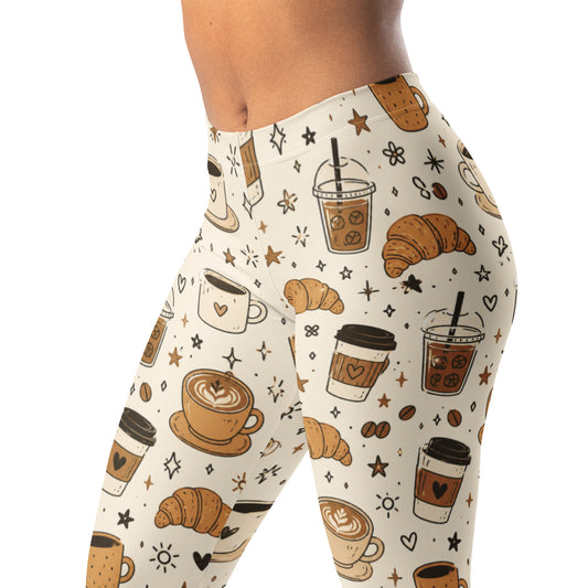 Coffee shop doodle leggings with cups, croissants, stars, and icons