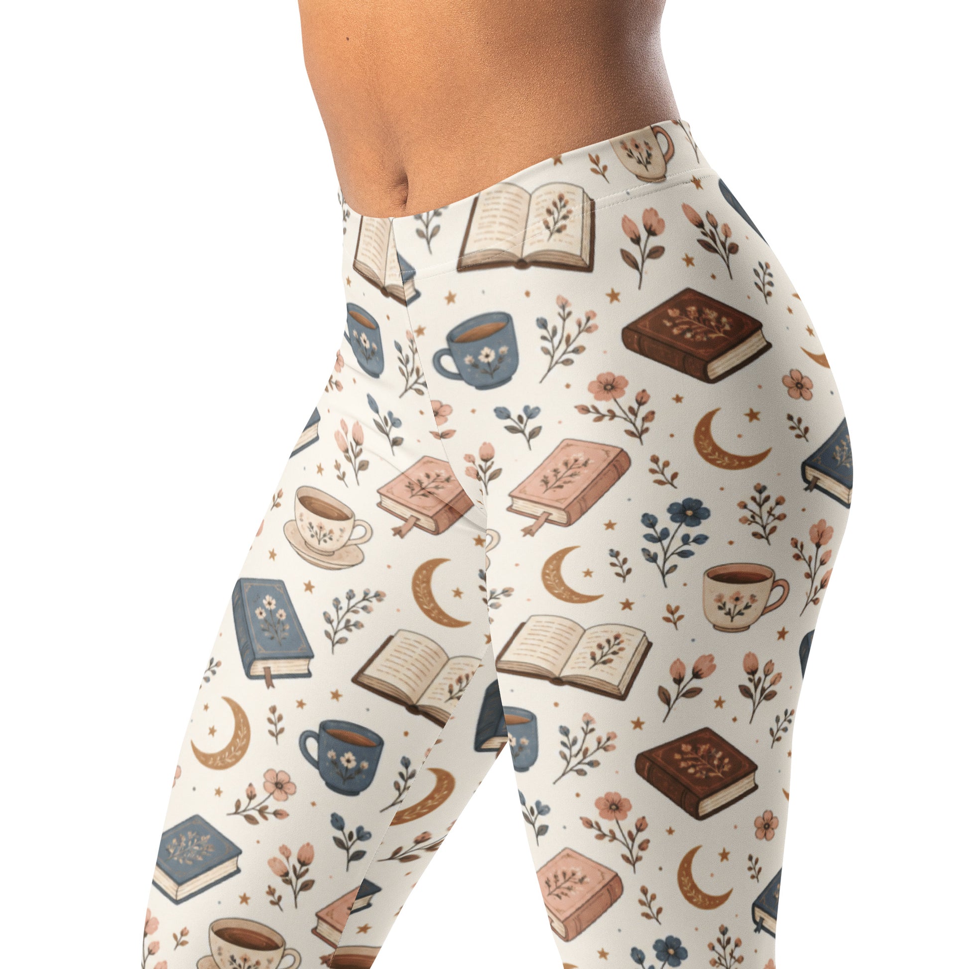 Book lover pattern leggings with tiny books, moons, tea cups, and flowers