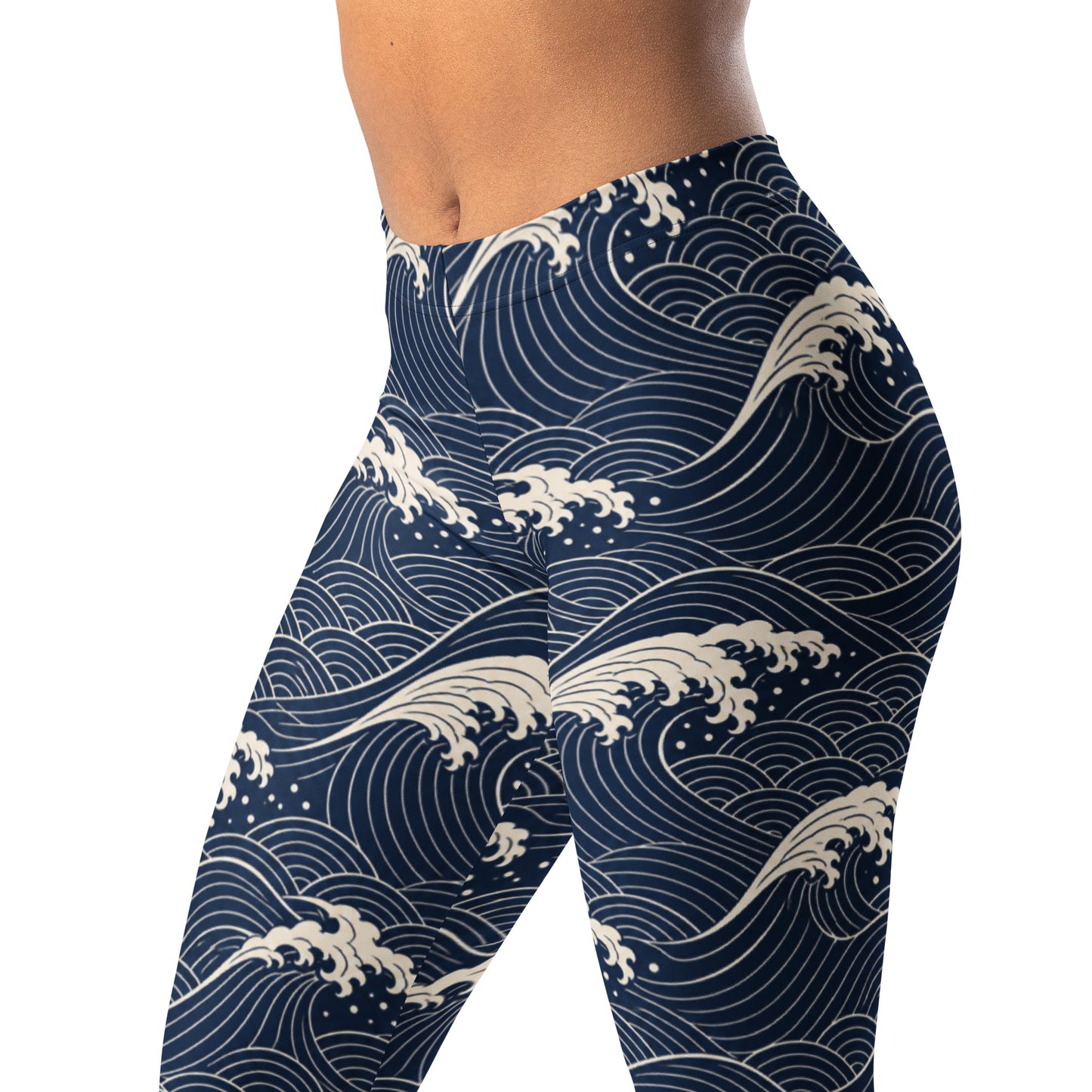 Ocean wave line art leggings with Japanese-inspired pattern