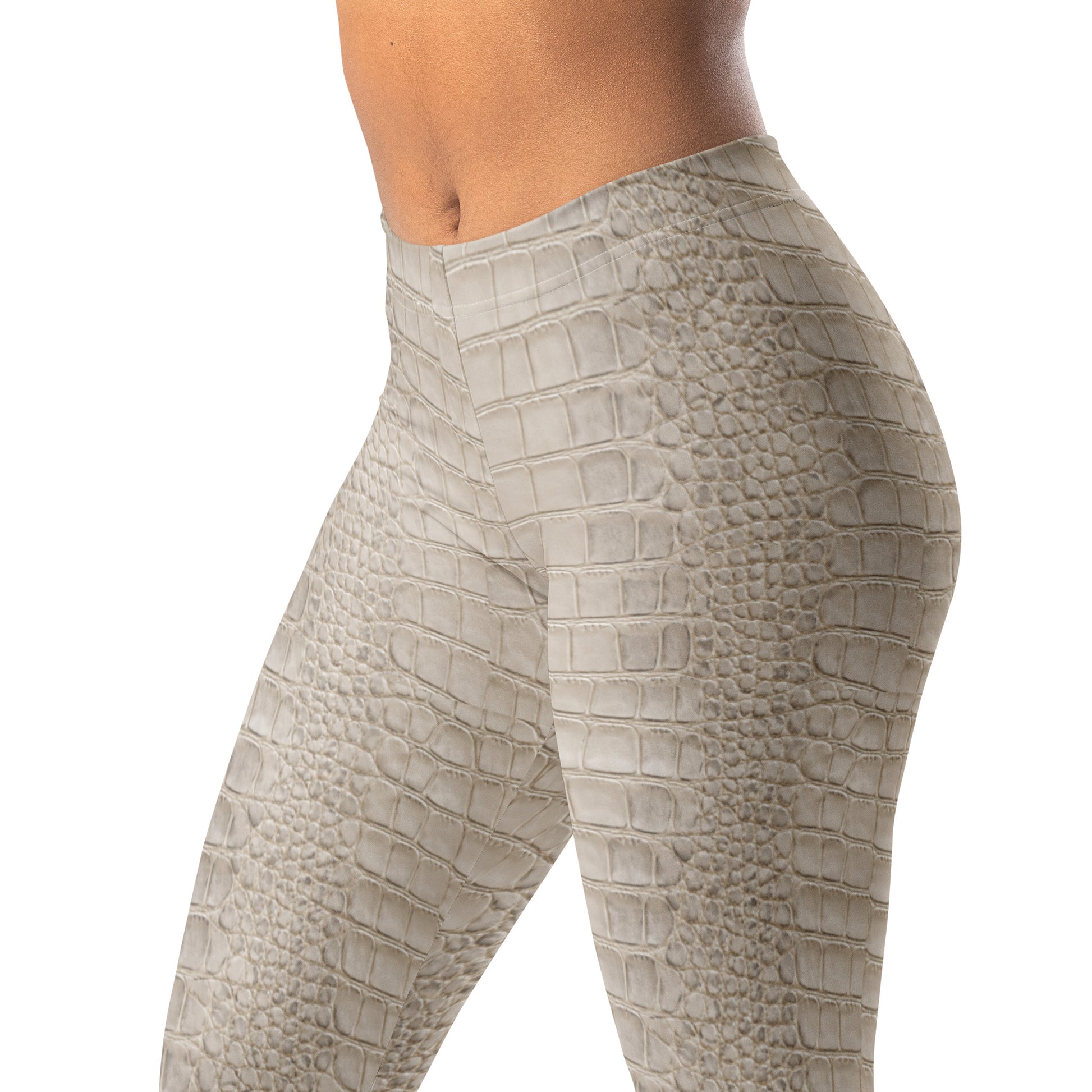 Ivory croc emboss: crocodile-inspired scale blocks in cream, taupe, and soft gray Leggings