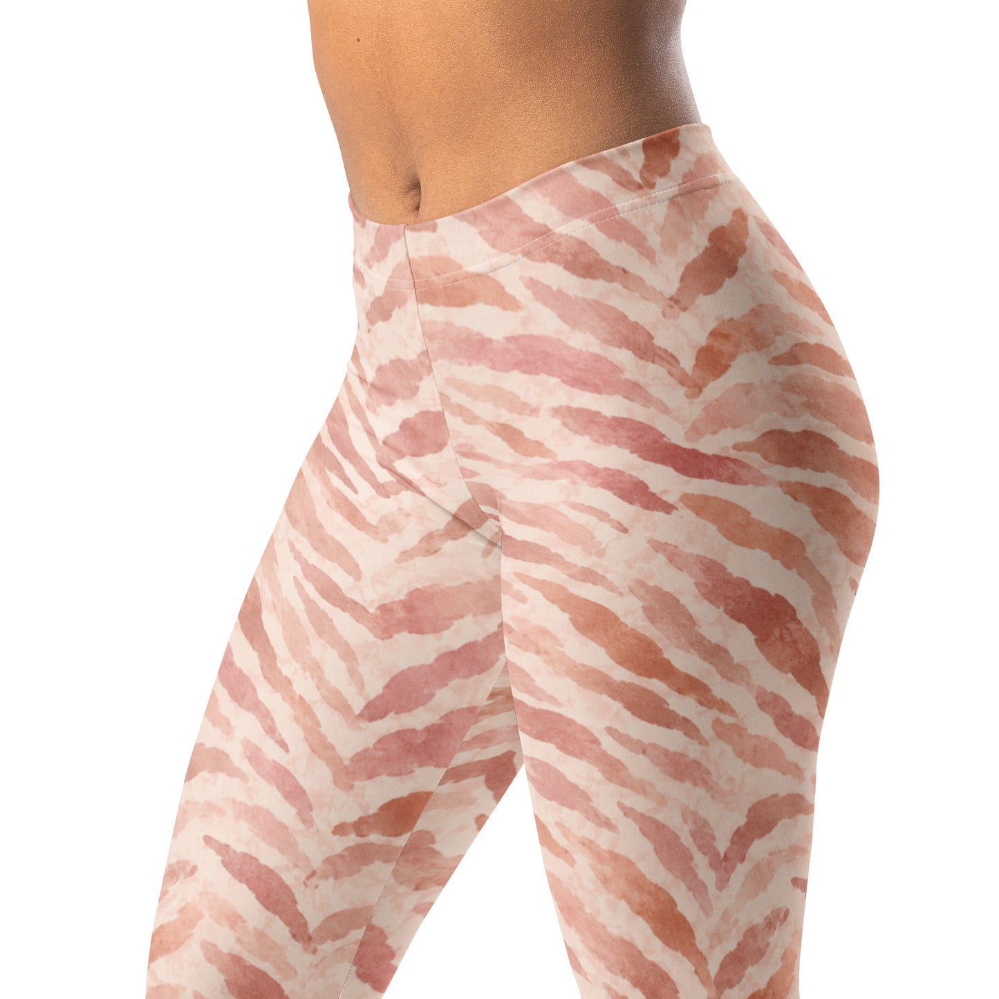 Washed tiger blush leggings with tiger-like strokes in dusty rose, clay, and cream