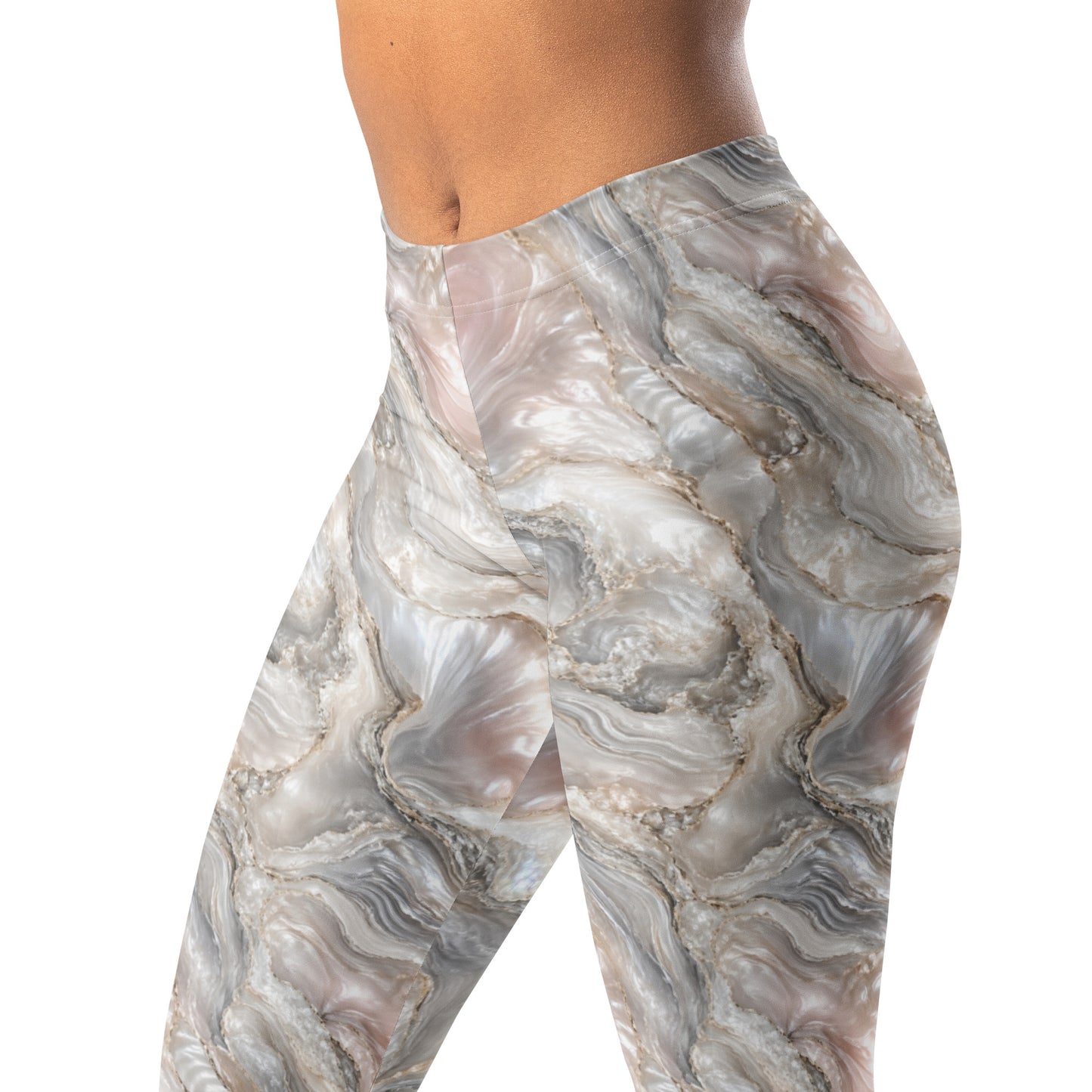 Oyster pearl marble leggings with pearly shell-like swirls