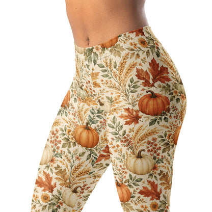 Harvest botanical leggings with pumpkins, leaves, wheat, and florals in soft autumn tones