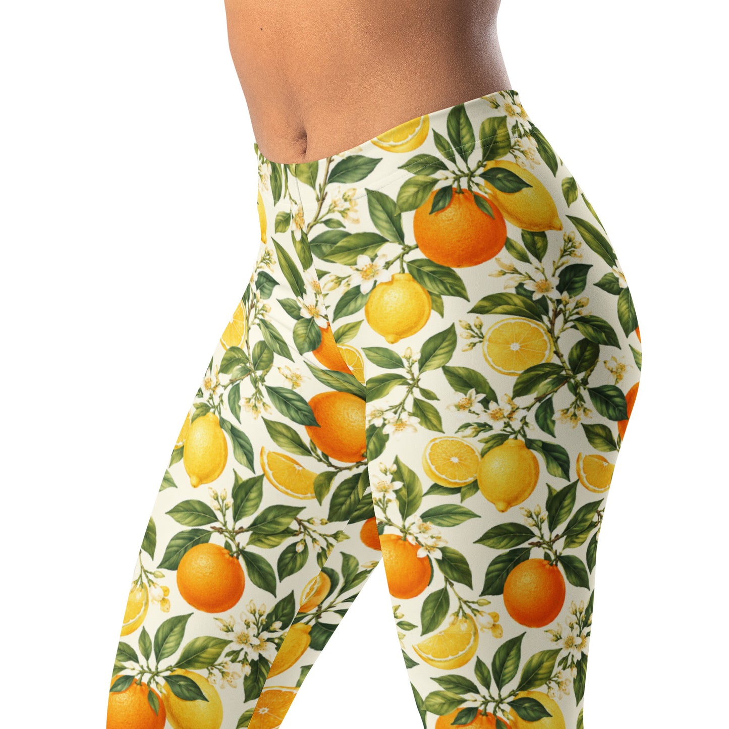 Citrus Grove Leggings with Lemons, Oranges, Leaves, and Flowers Print
