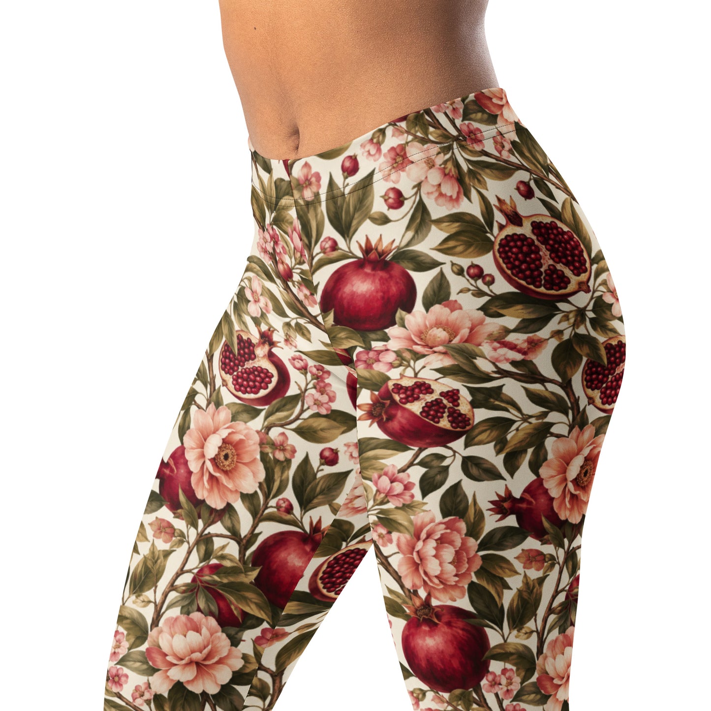 Pomegranate garden leggings with deep red fruit and blush florals
