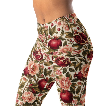 Pomegranate garden leggings with deep red fruit and blush florals