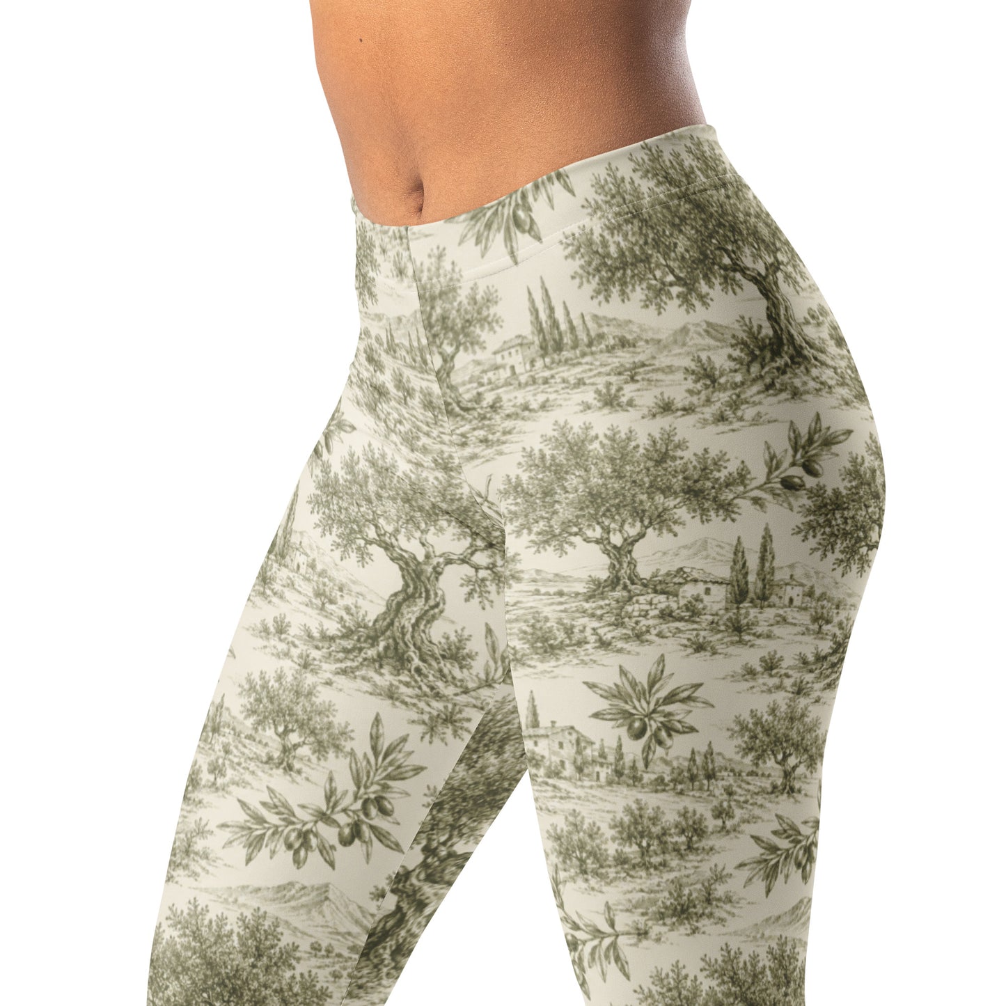 Olive grove toile leggings with hand-drawn olive tree design