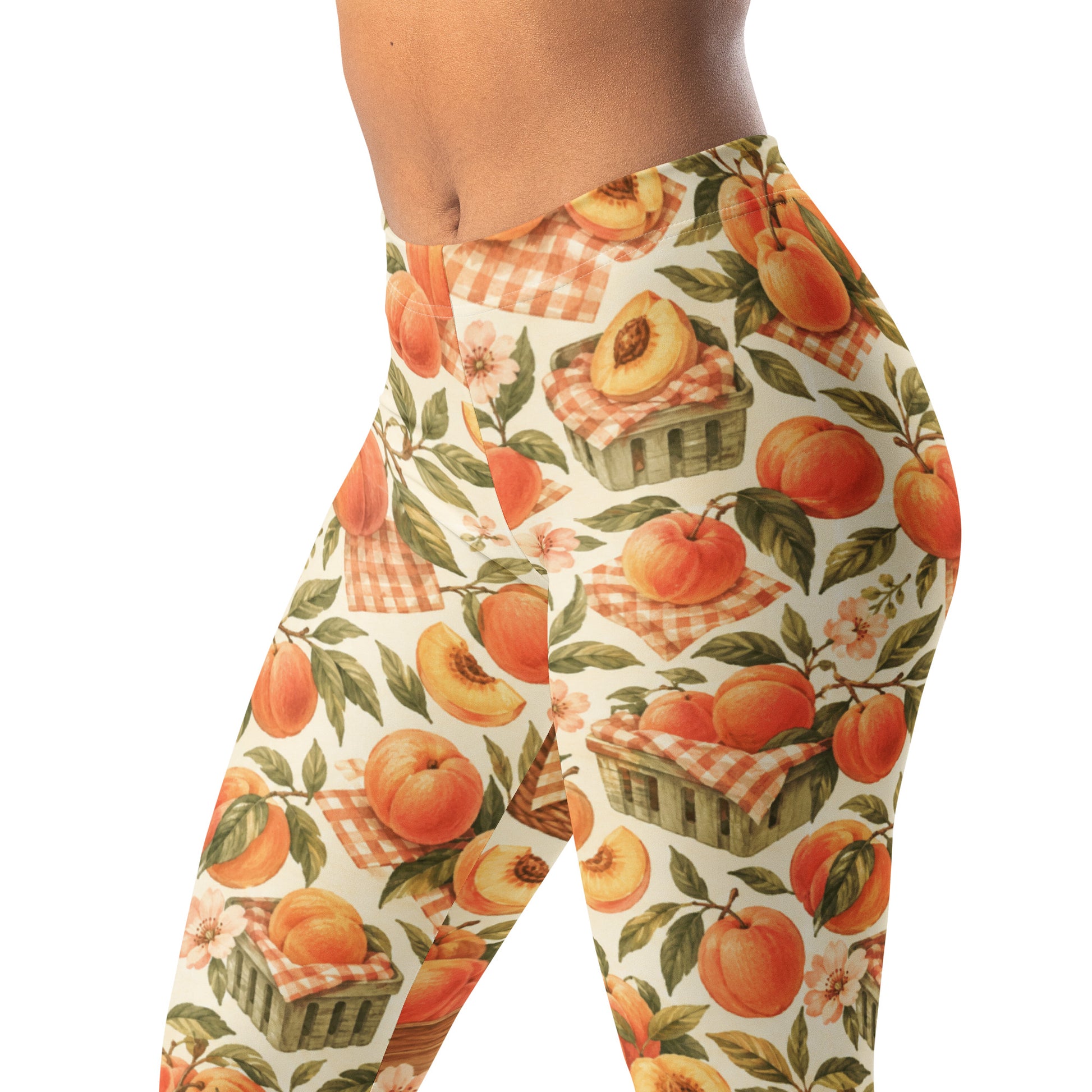 Peach Market Leggings with Peaches, Leaves, and Gingham Accents