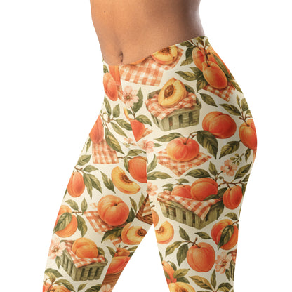 Peach Market Leggings with Peaches, Leaves, and Gingham Accents