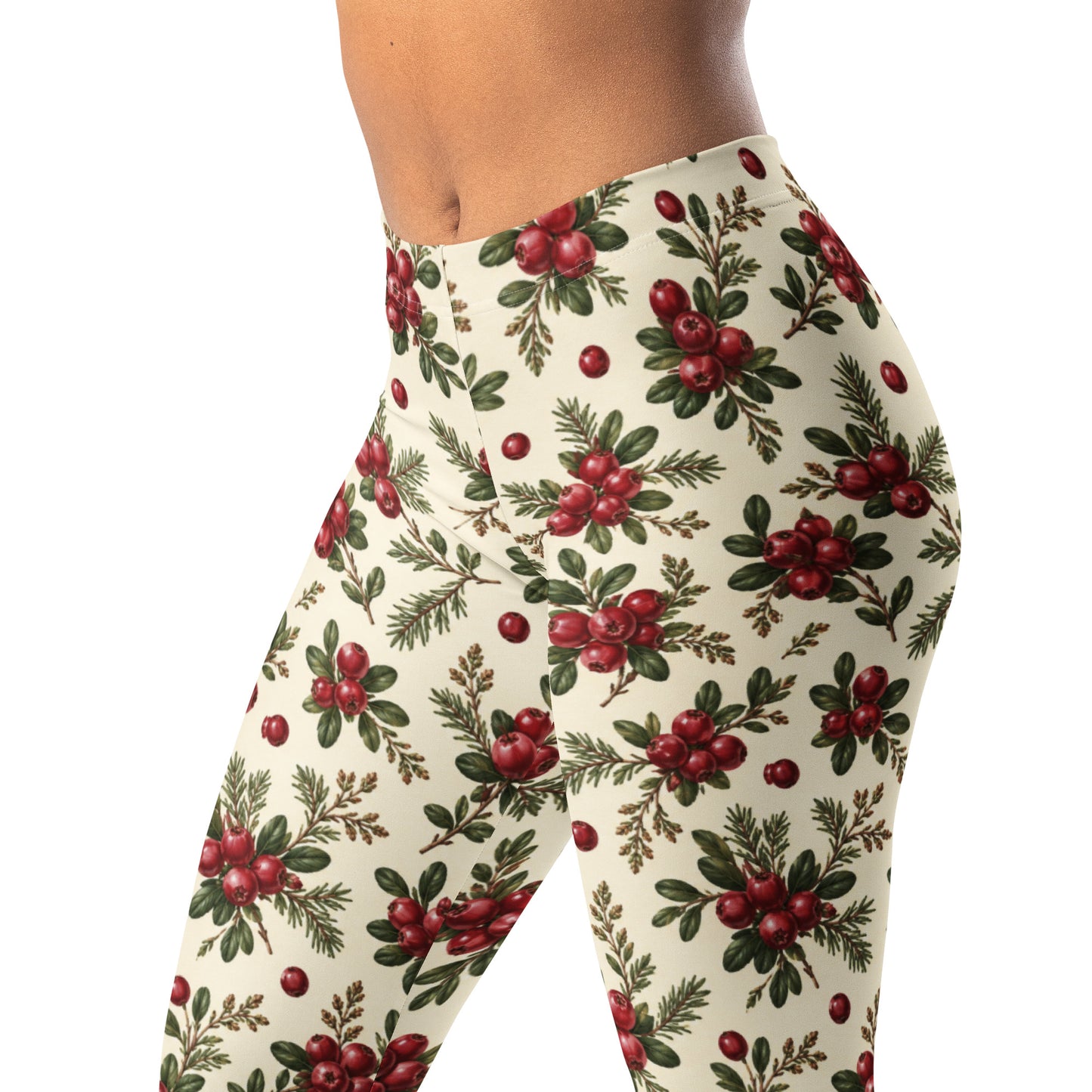 Cranberry sprig leggings with small clusters and evergreen leaves on cream