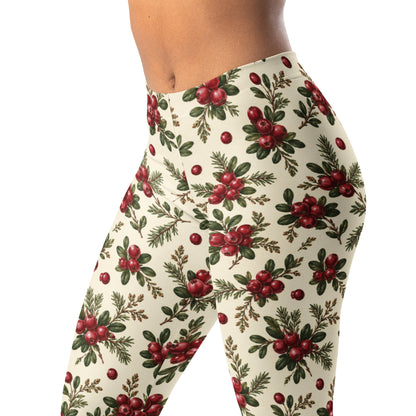 Cranberry sprig leggings with small clusters and evergreen leaves on cream