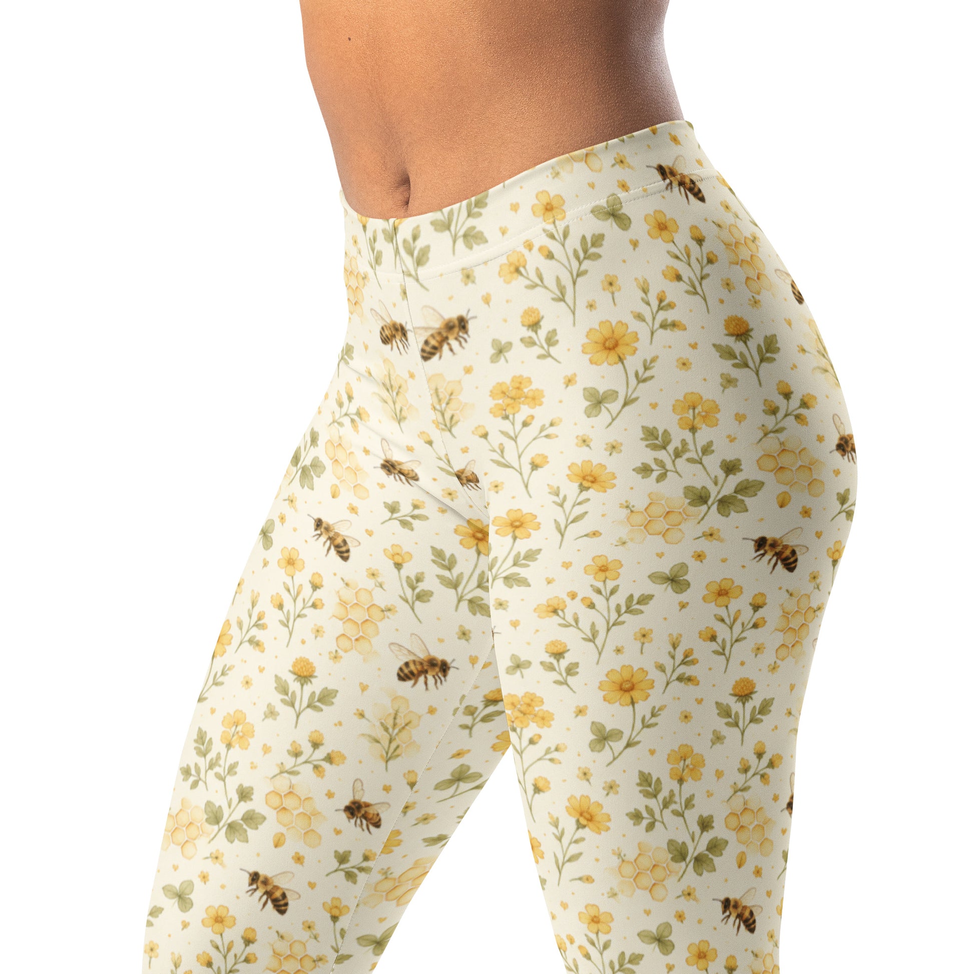 Honeybee meadow leggings with tiny bees, honeycomb hints, and small yellow flowers