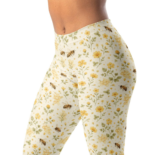 Honeybee meadow leggings with tiny bees, honeycomb hints, and small yellow flowers