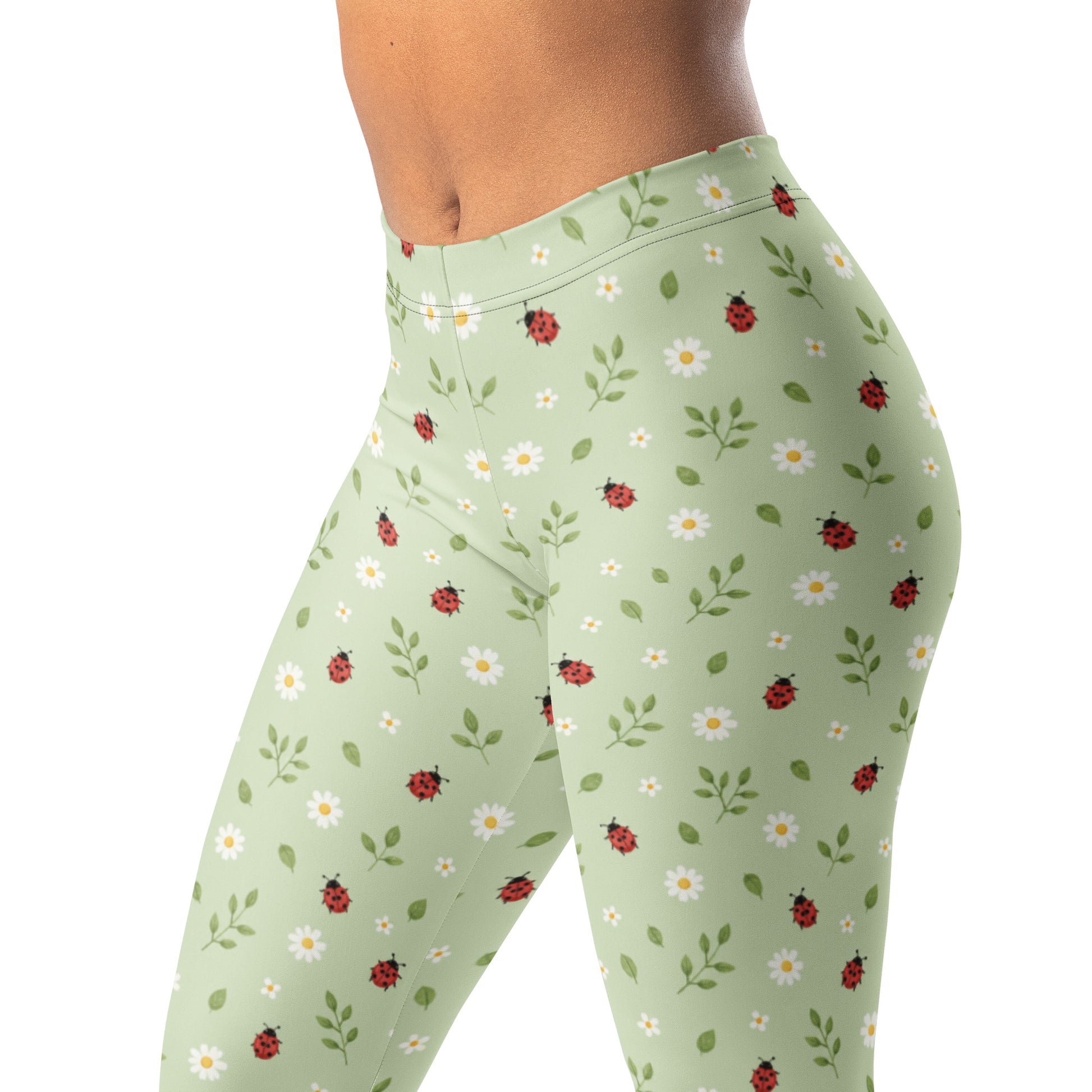 Ladybug print leggings with tiny insect and floral design
