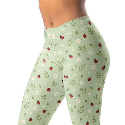 Ladybug print leggings with tiny insect and floral design