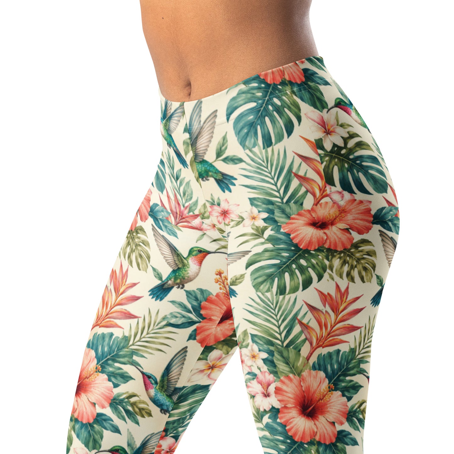 Hummingbird floral leggings with tropical flower and small hummingbird print