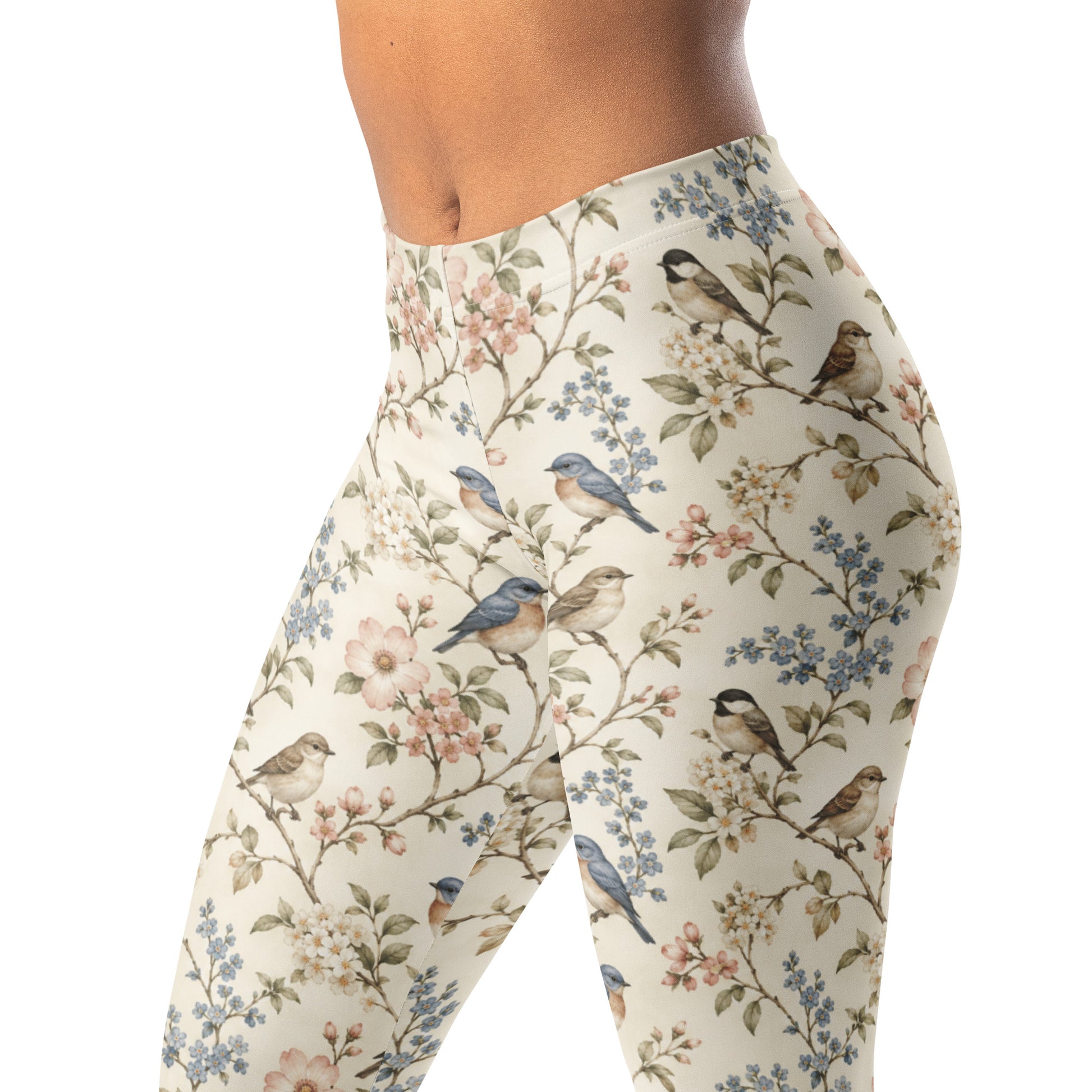 Songbird Garden Leggings with Tiny Birds and Floral Branches Print