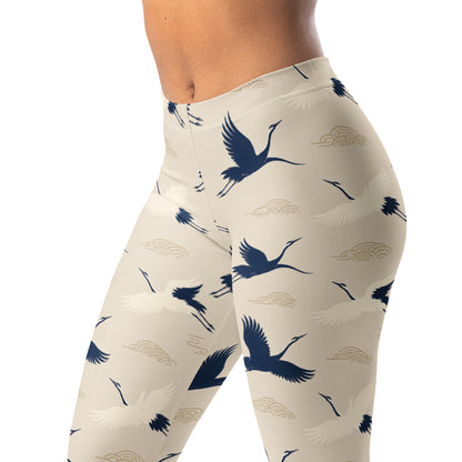 Elegant crane bird leggings in cream and navy