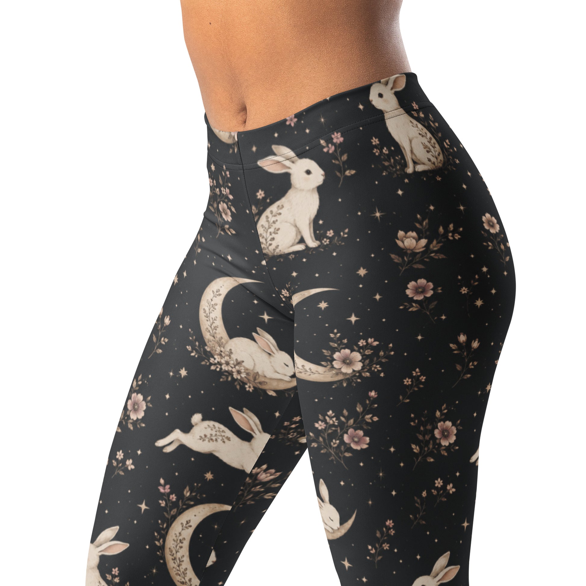 Moon rabbit leggings with rabbits, moons, stars, and tiny flowers on charcoal background