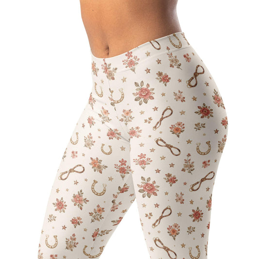 Horse girl heritage leggings with horseshoes, stars, reins, and florals