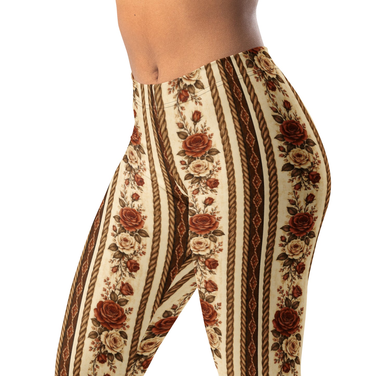 Western rose stripe leggings with floral and rope design