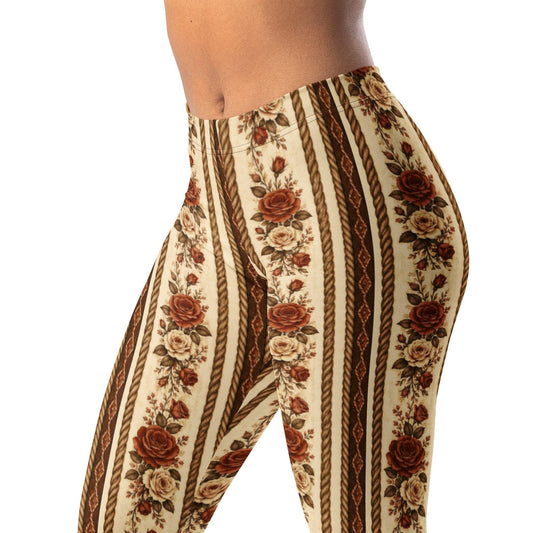 Western rose stripe leggings with floral and rope design