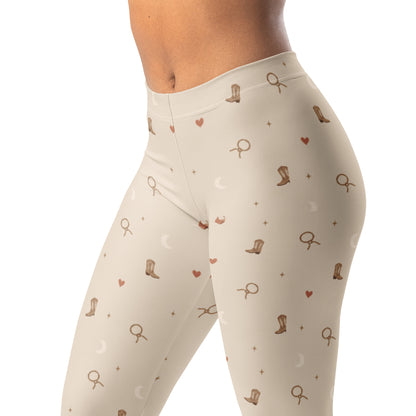 Rodeo Minimal Beige Leggings with Tiny Lassos, Boots, Moons, and Hearts