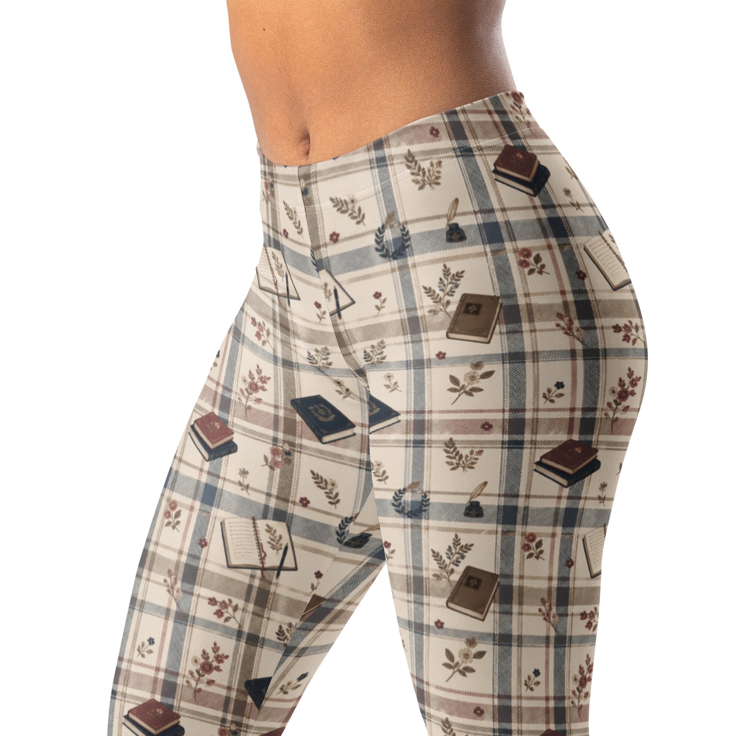 Academic plaid floral leggings with book and flower details