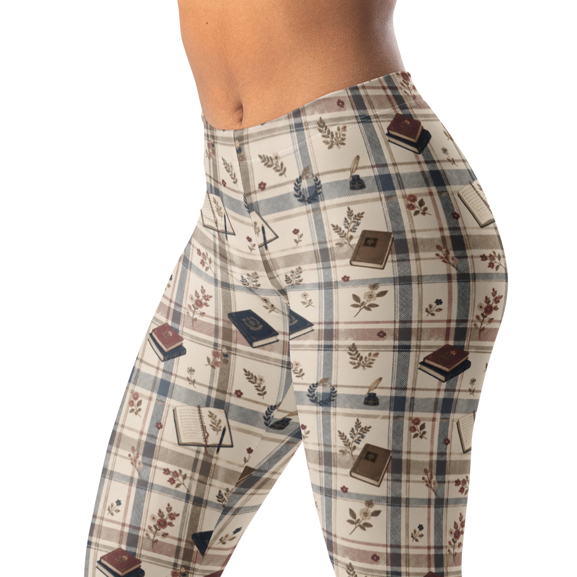 Academic plaid floral leggings with book and flower details