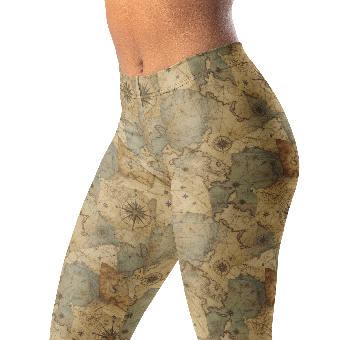 Vintage map collage leggings with faded lines, compass marks, and stars