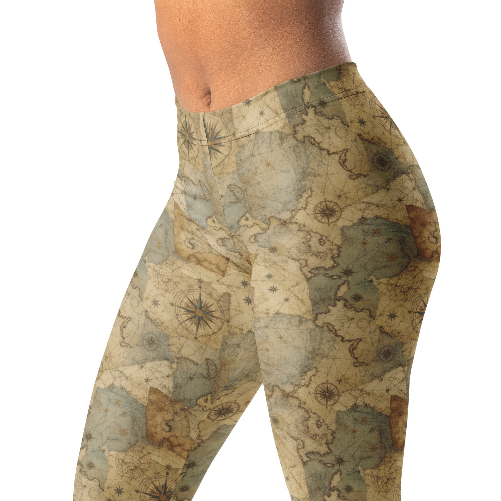Vintage map collage leggings with faded lines, compass marks, and stars