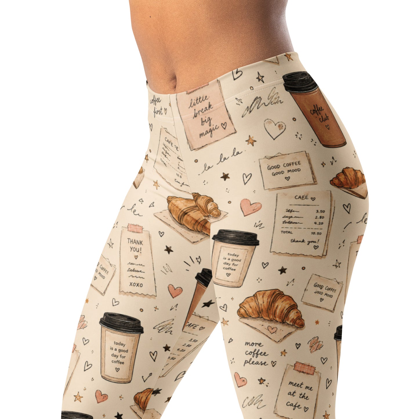 Cafe receipt doodle leggings with coffee, croissants, and handwritten notes