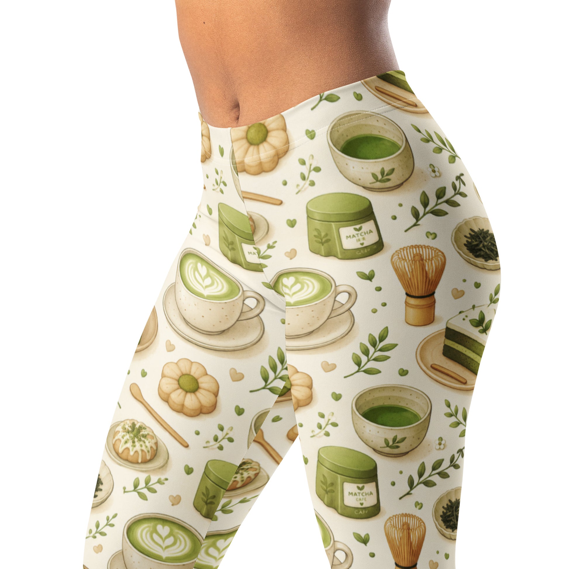 Matcha cafe leggings with cups, leaves, pastries, and cream background