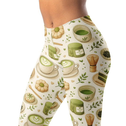 Matcha cafe leggings with cups, leaves, pastries, and cream background