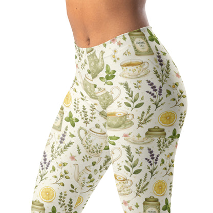 Tea garden leggings with teapots, cups, herbs, lemon slices, and tiny flowers print