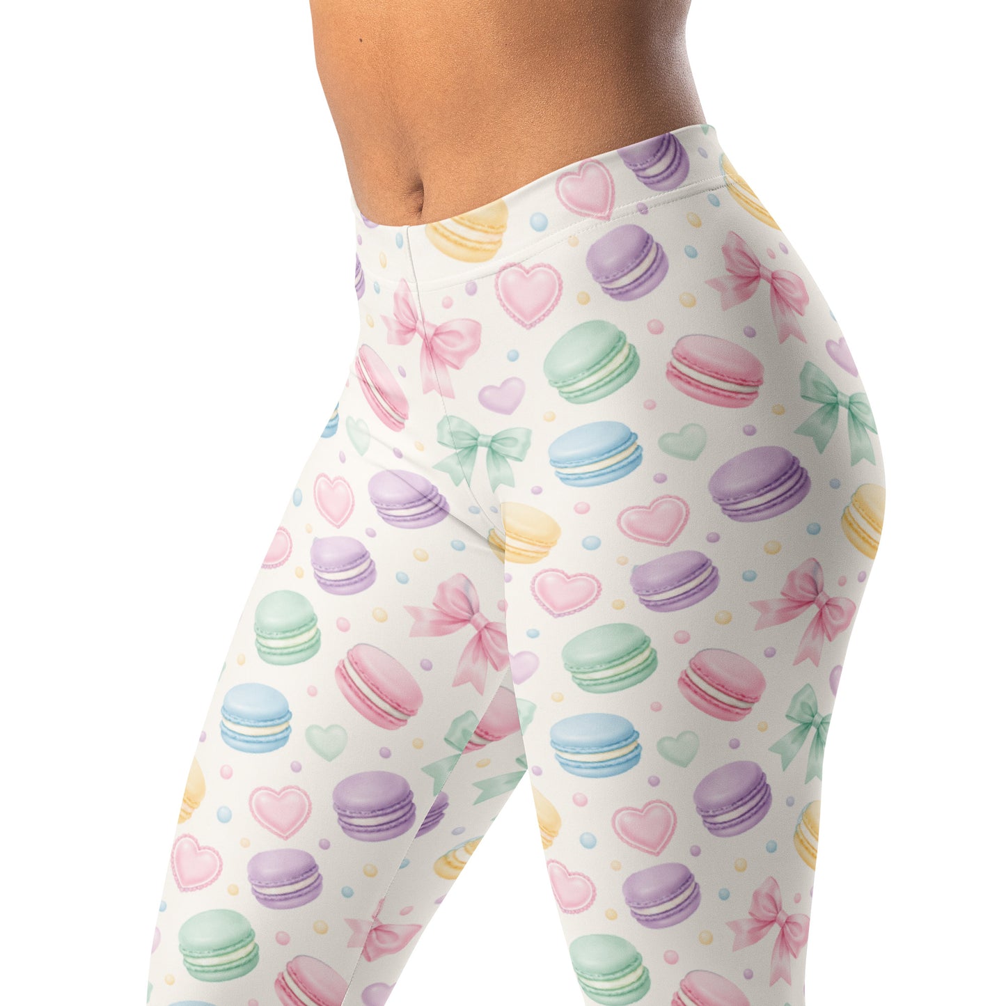 Macaron pastel leggings with macarons, bows, hearts, and dots