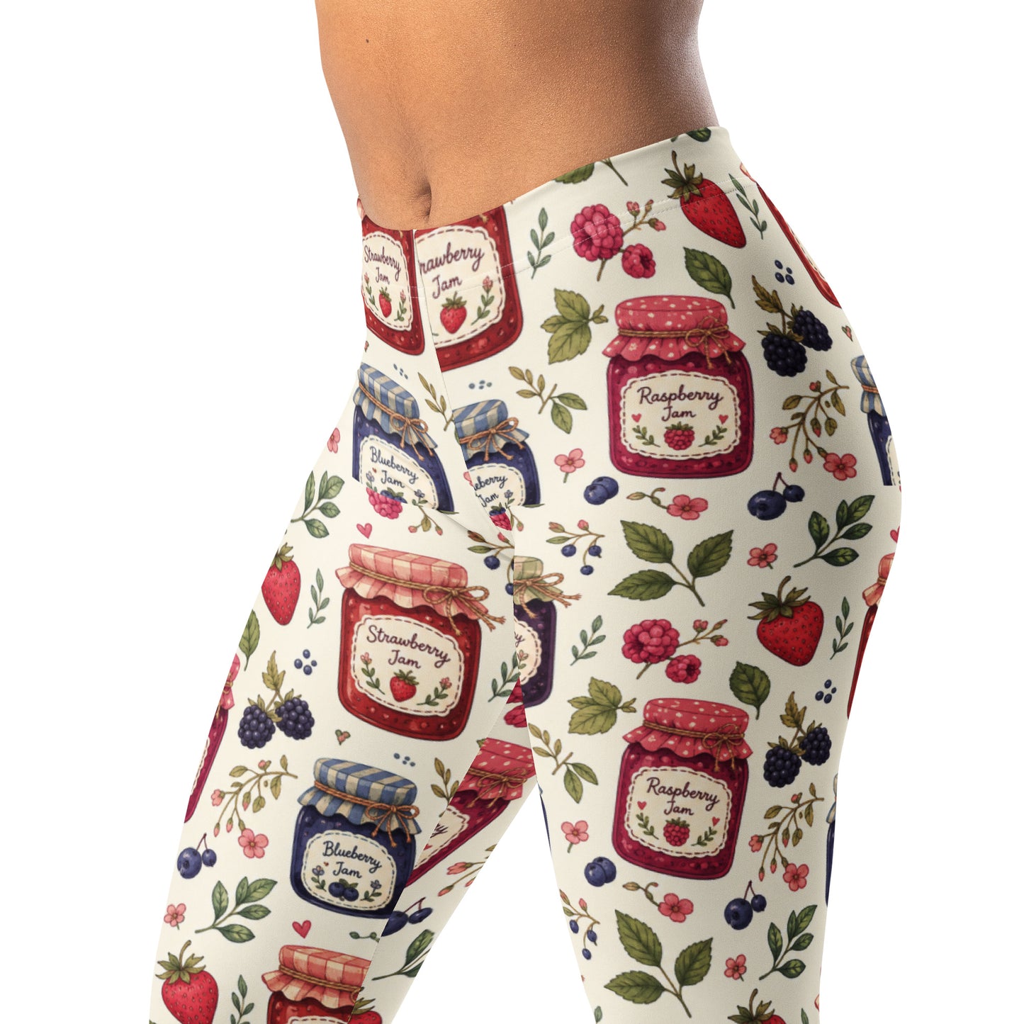 Jam jar garden leggings with jars, berries, leaves, and hand-drawn labels